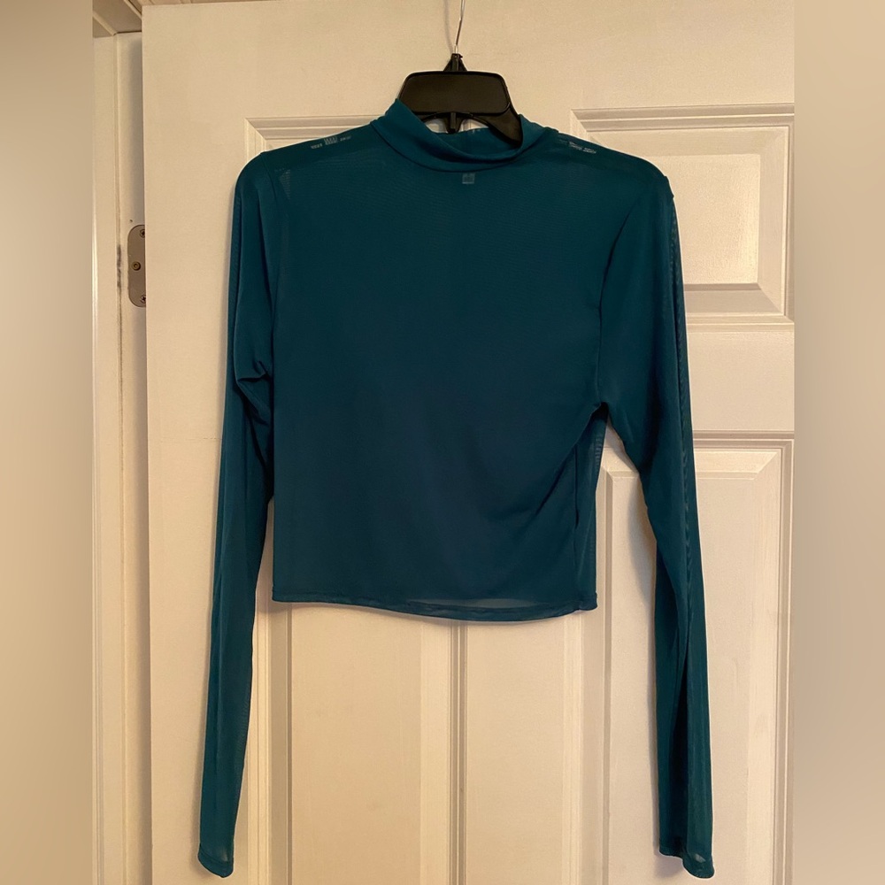 BKE Essentials sheer green mock turtle neck long sleeve burnout top, small